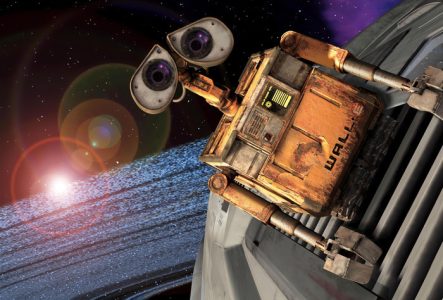 DR Wall-E qui surfe sur une fusée au milieu des étoiles