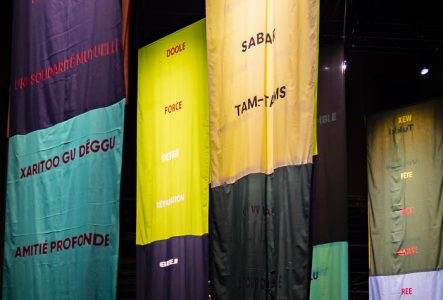 Oeuvre faite de long tissus coloré qui descendent au sol. L'artiste, Bocar Niang, évoque des mots, des griots modernes. Les mots sont en français et en wolof.