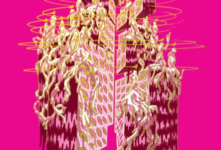 Thomas Perrodin Affiche de l'édition 2025 d'Animatou avec un gâteau flottant sur fond fuchsia