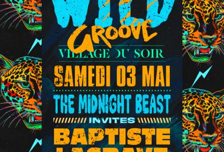 Village du Soir 🎨 Affiche colorée et dynamique sur fond noir, aux accents très marqués et aux couleurs fluo vives (bleu, orange, jaune, vert, rose). Le fond est orné de têtes de léopards stylisées aux couleurs éclatantes, avec des éclairs bleus, donnant un aspect sauvage et électrique. 🗓️ Texte principal au centre de l'affiche : En haut : "Distillerie’s funky vibes" (en blanc) Titre principal en très grands caractères, effet griffé : "WILD" en bleu ciel, stylisé comme s’il avait été griffé. "Groove" en orange,…