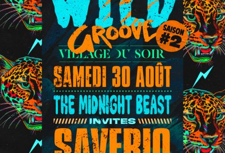 Village du soir Affiche colorée et dynamique pour l’événement “Wild Groove” saison #2. Fond noir décoré de têtes de léopards multicolores avec des éclairs bleus. Au centre, texte principal : “Distillerie’s funky vibes WILD GROOVE Saison #2”. Informations sur l’événement : “Village du Soir, Samedi 30 Août, The Midnight Beast invites Saverio, warm up by DJ Amore”. Site web mentionné : www.villagedusoir.com. La typographie est variée et en couleurs vives (bleu, orange, vert).