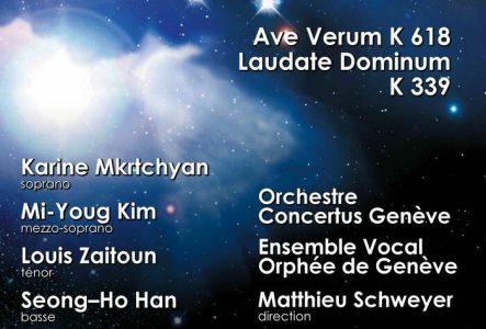 DR Affiche de la soirée sur un fond noir/bleu nuit avec des petites étoiles, les informations de la soirée Requiem Mozart et les solistes