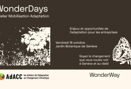 Une affiche brune avec deux images en négatif d'arbre et de papillon. Et le texte qui explique le titre et l'objectif de l'atelier: Enjeux et opportunités de l'adaptation pour les entreprises.