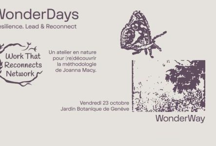 Une affiche avec deux images en négatif d'arbre et de papillon. Egaleent le logo "Work That Reconnects Network" et le texte qui explique le titre et l'objectif de l'atelier en nature pour (re)découvrir la méthodologie de Joanna Macy.