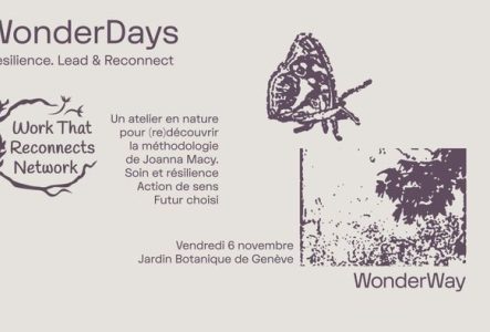 Une affiche avec deux images en négatif d'arbre et de papillon. Egaleent le logo "Work That Reconnects Network" et le texte qui explique le titre et l'objectif de l'atelier en nature pour (re)découvrir la méthodologie de Joanna Macy.