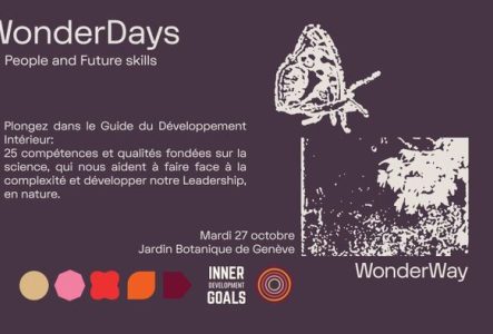 Une affiche avec deux images en négatif d'arbre et de papillon. Egaleent le logo "Work That Reconnects Network" et le texte qui explique le titre: Plongez dans le développement Intérieur.
