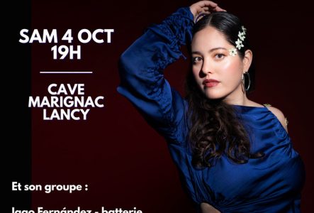 L'image est une affiche annonçant un concert de Yumi Ito, une chanteuse, pianiste et compositrice qui mélange le jazz, l'art-pop et le néo-classique. Elle est présentée avec une photo d'elle, portant une robe bleue et des fleurs dans ses cheveux. L'affiche indique que le concert aura lieu le samedi 4 octobre à 19h à la Cave Marignac, à Lancy, avec des informations sur le groupe qui l'accompagne : Iago Fernández à la batterie, Nadav Erlich à la contrebasse, et Alessio Cazzetta à la guitare. Les…