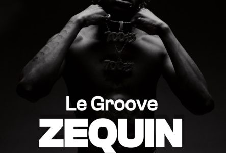 Collectif Nocturne Affiche du concert de Zequin. Photo en noir et blanc du rappeur torse nu, portant des chaînes épaisses avec pendentifs, regard sérieux face caméra. Texte blanc en bas : « Le Groove – Zequin – 28 novembre 2025, Genève ».