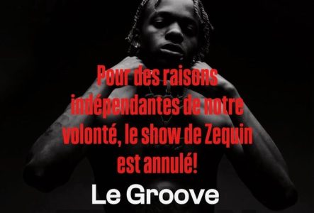 Collectif Nocturne Affiche du concert de Zequin. Photo en noir et blanc du rappeur torse nu, portant des chaînes épaisses avec pendentifs, regard sérieux face caméra. Texte blanc en bas : « Le Groove – Zequin – 28 novembre 2025, Genève ».