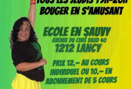 Flyer présentant le cours de Zumba de Sandrita, tous les jeudis à 19h00 à l'Ecole en sauvy
