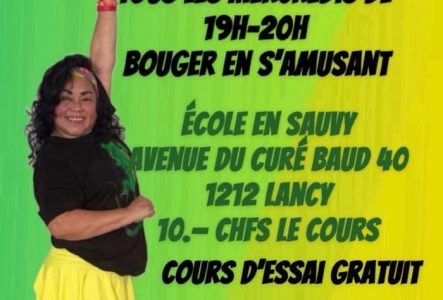 Flyer présentant le cours de Zumba de Sandrita, tous les mercredis à 19h00 à l'Ecole en sauvy